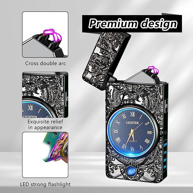 Plasma Lighter Dragon Lighter Windproof USB Rechargeable Electric Lighters Luxury Metal Lighter with Watch, Suitable for Gifts(Black)