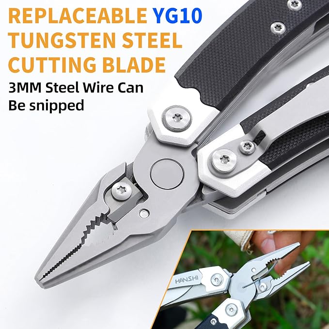 G10 Handle Multitool Pliers with YG10 Tungsten Steel Replaceable Wire Cutters 12 in 1 Multi Tool Pocket Knife with Safety Lock,Saw,Bottel Opener for Camping,Survival with Nylon Sheath (black)