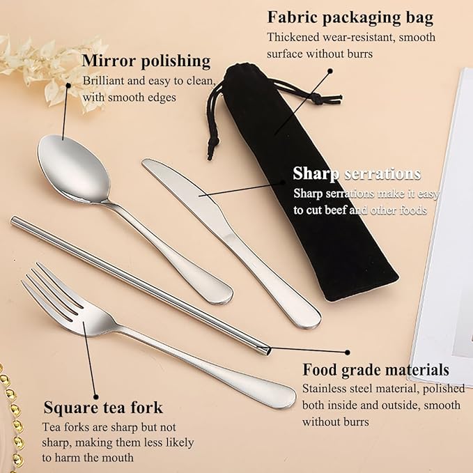 Kyraton Portable Flatware, Reusable Camping Flatware, Bento Box Flatware, Silverware For School/Work/Office/Outdoor, Dishwasher Safe, Set of 4 Pieces