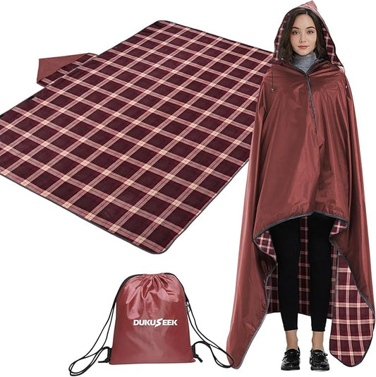 DUKUSEEK Stadium Blanket for Outdoor Sports, Waterproof Hooded Blankets for Watching Football Games, Sideline, Dog, Car, Travel, Large 79"x 59"