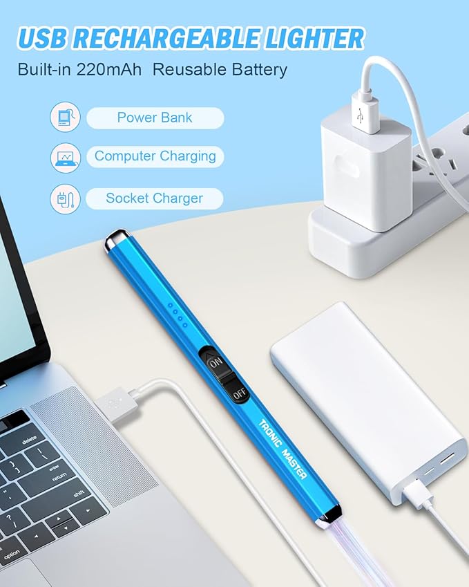 Electric Candle Lighter Rechargeable Lighters - Dual Arc Plasma Lighter Windproof & Flameless with Double Safety Switch (Sapphire Blue)