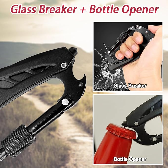 Carabiner with Knife, Multitool Carabiner Pocket Knife, Folding Sharp Knives, Sturdy Handy Tool, Belt Cutter, Bottle Opener, Window Breaker, Screwdriver, for Safety in Car, Camping, Hiking