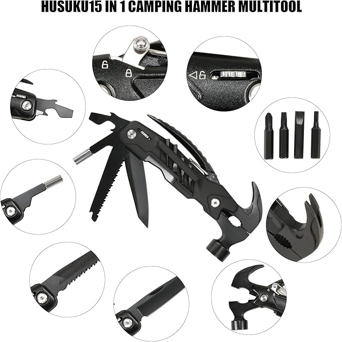 Camping Hammer-Snowflake Multitool,HUSUKU Gadgets for Unisex Gifts for Men Women Dad Husband Boyfriend, Unique Gift Choices for Outdoor Camping Adventure Daily Tool(Black)