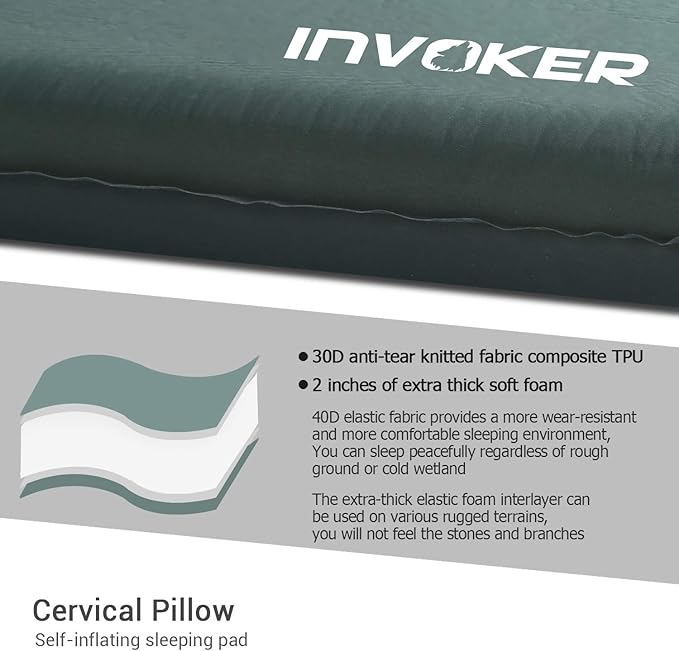 INVOKER Camping Sleeping pad - Self-Inflating 2inch Thick FexFoam Camping Mat,Ultralight&Compact Air Mattress Fast Inflatable for Traveling Backpacking Hiking Tent - Built-in Contour Pillow(Green)