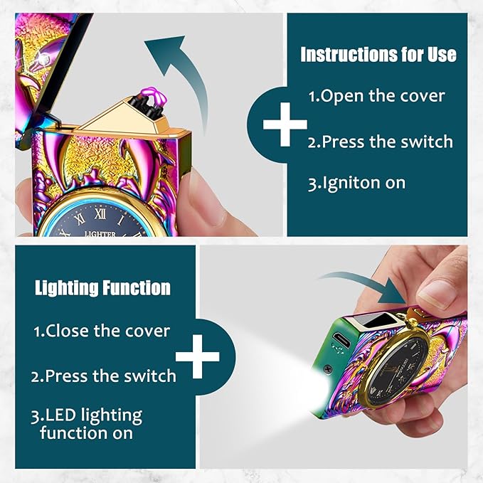 Rechargeable Lighter USB Electric Lighter Plasma Arc Candle Lighter with Clock Dial Windproof Electronic Lighter with LED Power Display for Camping, Hiking, Traveling (Colors Dolphin)