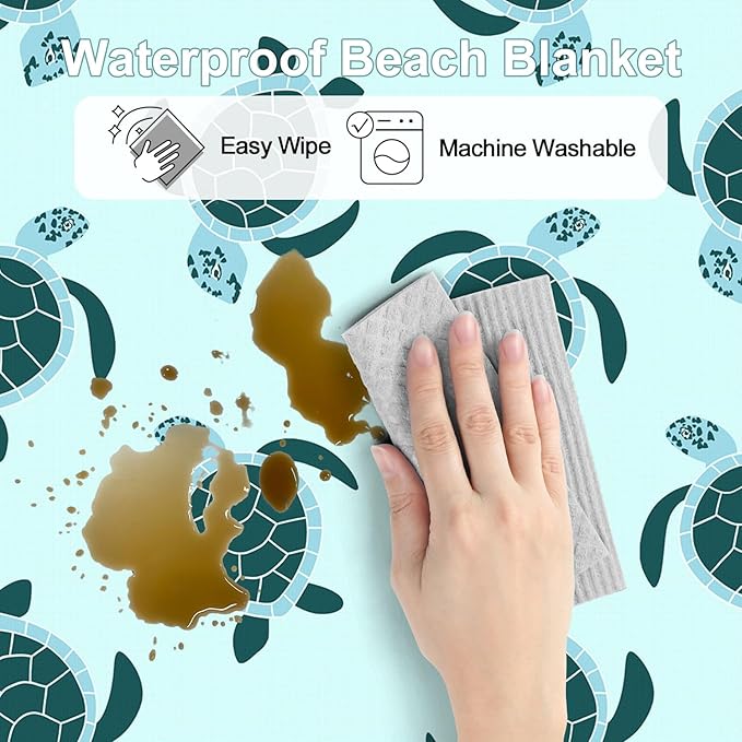 Beach Blanket Waterproof Sandproof, 6.5'x7.2' Extra Large Sand Free Beach Mat 1-4 Adults, Lightweight Portable Outdoor Beach Accessories w/ 4 Stakes for Picnic, Camping, Vacation - Green Baby Turtle