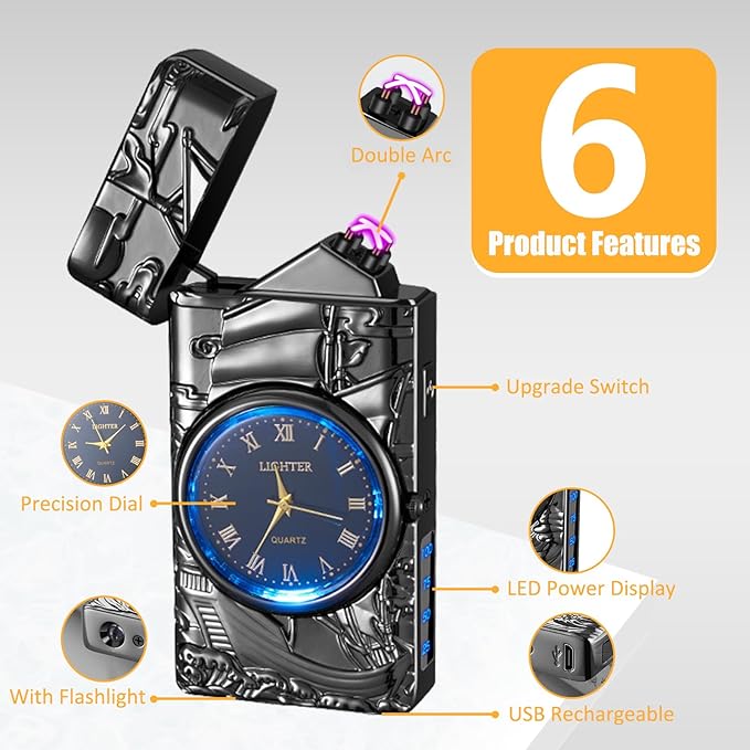 Cool Lighter with Clock Dial Electric Lighter with LED Power Display Plasma Lighter Windproof USB Rechargeable Lighter Gifts for Men Women (Sailboat-Black)