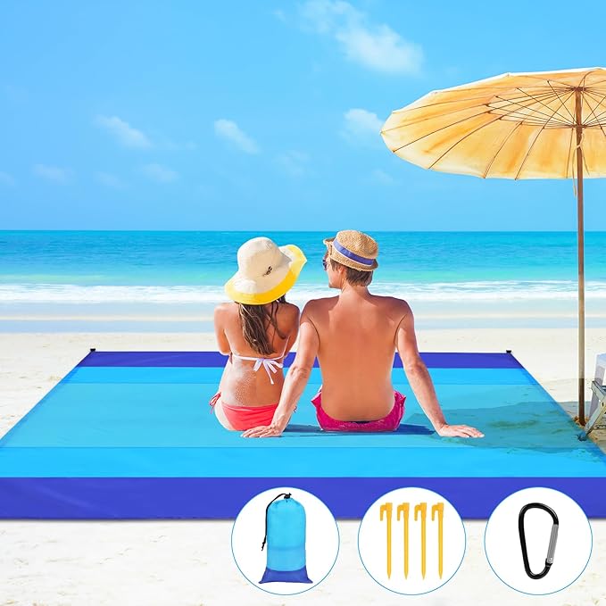 Ainiv Beach Blanket Beach Mat, Sandproof Waterproof Beach Mat, Extra Large 108 * 118 in (8-10People) Picnic Blanket with 1 Storage Bag, 1 Carabiner & 4 Fixed Nails for Beach, Camping, Hiking, Picnic