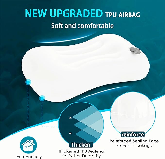 Portable Inflatable Neck Pillow for Outdoor Travel, Camping, Office Naps-Polyester + Washable Cotton-Color Available-Simple and Comfortable (Green, 18.1 * 12.6 * 4.7in)