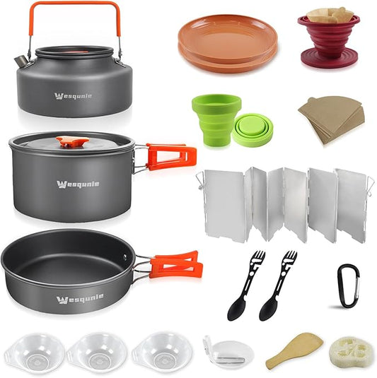 Camping Essentials Cookware Cooking Set, Camping Pots and Pans Set for Backpacking Gear, Car Camping Mess Kit for Camping Stove, Camp Kitchen with Camping Kettle, Pour Over Coffee Dripper