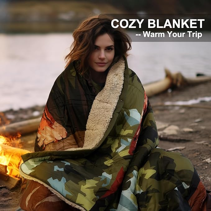 Outdoor Camping Blanket - Puffy Ultralight Packable Blankets for Sleeping, Camp, Travel, Hiking, Stadium, Sherpa Fleece Warm Puffer Portable Camping Quilt, DWR,Machine Washable,56"x 78"