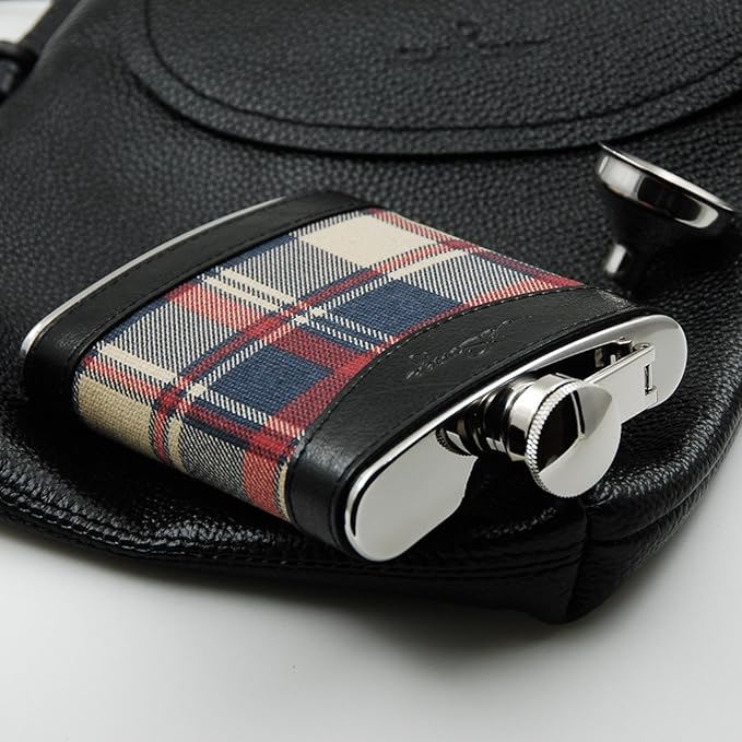 6oz Red Check and Black Leather Wrapped Hip Flask with a Funnel 18/8 Stainless Steel-YM113