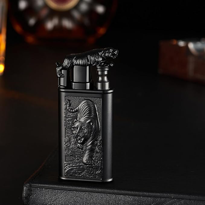 Torch Lighter, Relief Tiger Design Magic Dual Flame Lighter with Adjusting Flame Tool, Creative Windproof Lighter, Cool Jet Flame Butane Lighter, Refillable Butane Lighter for Outdoor Indoor