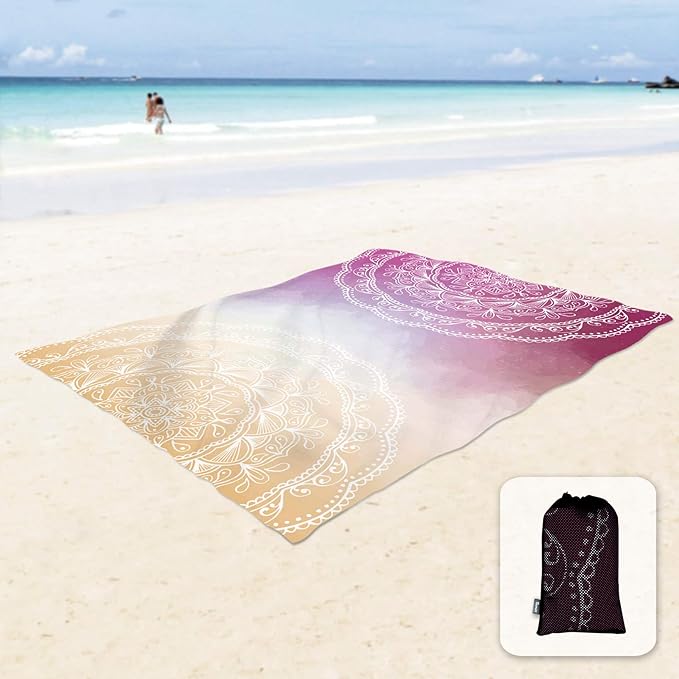 Sunlit Silky Soft 106"x81" Boho Sand Proof Beach Blanket Sand Proof Mat with Corner Pockets and Mesh Bag for Beach Party, Travel, Camping and Outdoor Music Festival, Orange Purple Mandala