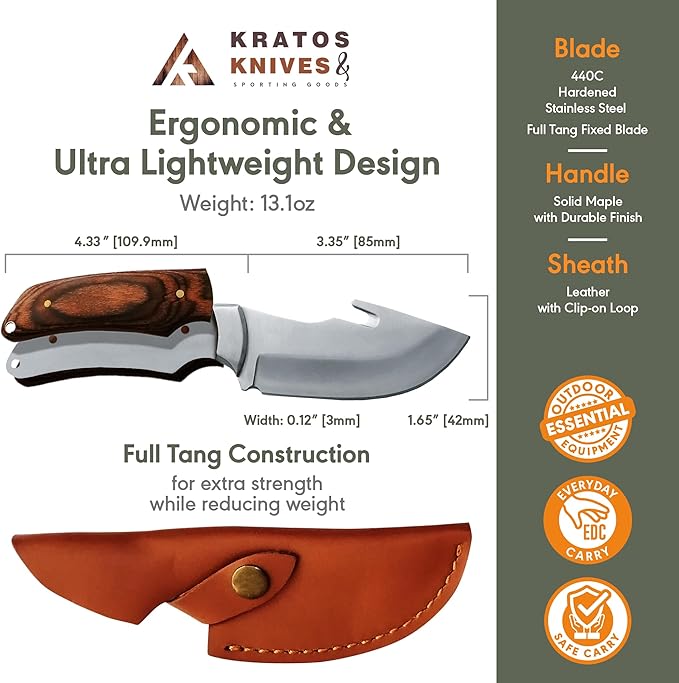 Hunting Knife with Gut Hook, 7.68" Gut Hook Hunting Knife with 440C Stainless Steel Outdoor Gut Hook Knives, Leather Sheath Included by Kratos - ZFS3