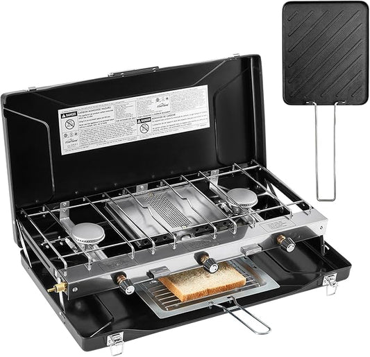 Camping Stove 3 Burner 20400 BTU Propane Portable Stove with Regulator, Toast Tray, Windshield for Car Camping BBQ Picnics Outdoor Cooking Camping Stove