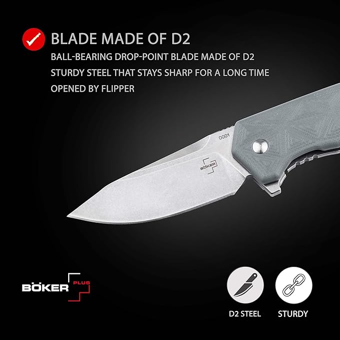 BÖKER PLUS® Gemtek Frame-Lock Knife - noble EDC pocket knife with clip - flipper knife with ball bearing - D2 drop-point folding knife with G10 handle gray with case in gift box