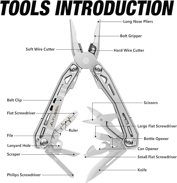 FLISSA 16-in-1 Stainless Steel Multi Tool, EDC Multitool with Pocket Knife, Pliers, Belt Clip and Oxford Sheath, Self-locking Utility Multi-Tool for Camping Survival Outdoor Activities