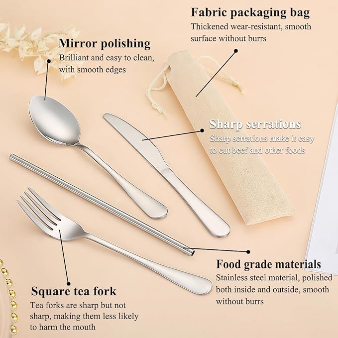 Kyraton Camping Silverware Set 4 Pieces with Portable Base, Stainless Steel Flatware Camping Utensil Set Travel Cutlery Set for Outdoor Picnic Office School Farm Work Lunch Box