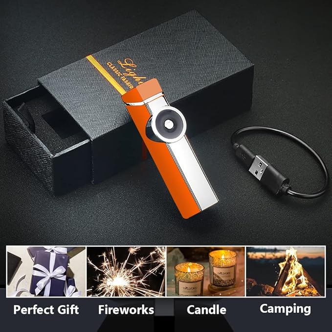 SKRFIRE Arc Lighter Rechargeable USB Lighter Triple Arc Plasma Lighter Windproof Flameless Electronic Lighter Portable Lighter with Smart Safety Switch for Outdoor Camping, Hiking, Travel (Orange)