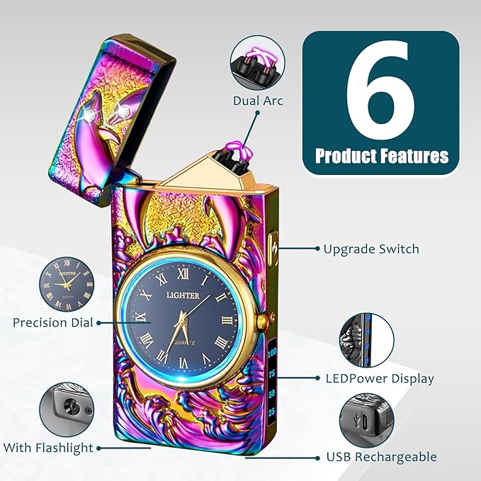 Rechargeable Lighter USB Electric Lighter Plasma Arc Candle Lighter with Clock Dial Windproof Electronic Lighter with LED Power Display for Camping, Hiking, Traveling (Colors Dolphin)