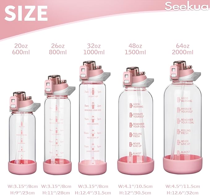 64 oz Large Sports Glass Water Bottle with Straw & Time Marker, Motivational Half Gallon Daily Glass Drinking Bottle with Strap for Fruit Infused Water, Smoothie, Coffee
