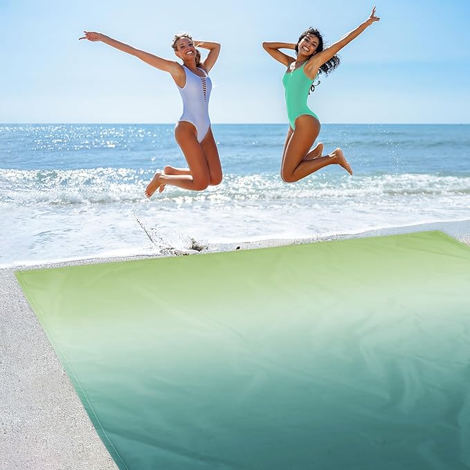 Beach Blanket Waterproof Sandproof, 10'X 9' Oversized Beach Picnic Blankets, Beach Mat Sand Free Windproof w/Stakes and Corner Sand Pocket for Outdoor, Travel, Camping, Beach Essentials-Teal Gradient