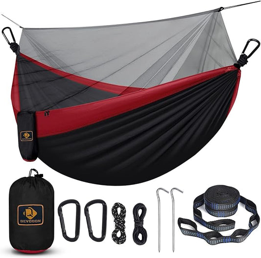 Camping Hammock with Net,Portable Lightweight Double Hammocks with Tree Straps and Solid D-Shape Carabiners,Parachute Nylon Hammock for Backpacking Beach Backyard Patio Hiking Black&Red