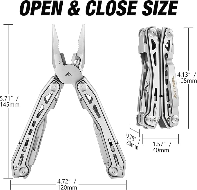 FLISSA 16-in-1 Stainless Steel Multi Tool, EDC Multitool with Pocket Knife, Pliers, Belt Clip and Oxford Sheath, Self-locking Utility Multi-Tool for Camping Survival Outdoor Activities