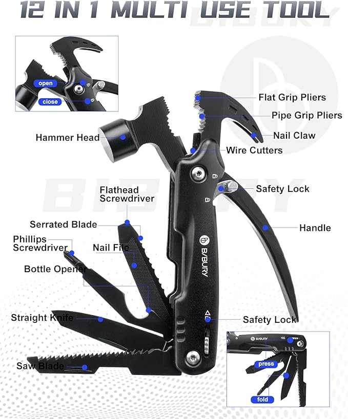 BIBURY Hammer Multitool Camping Tool, 12-in-1 Survival Gear Outdoor Multi Tool with Safety Lock, Cool Gadgets Survival EDC Multi-Tool for Outdoor, Camping, Hiking, Survival
