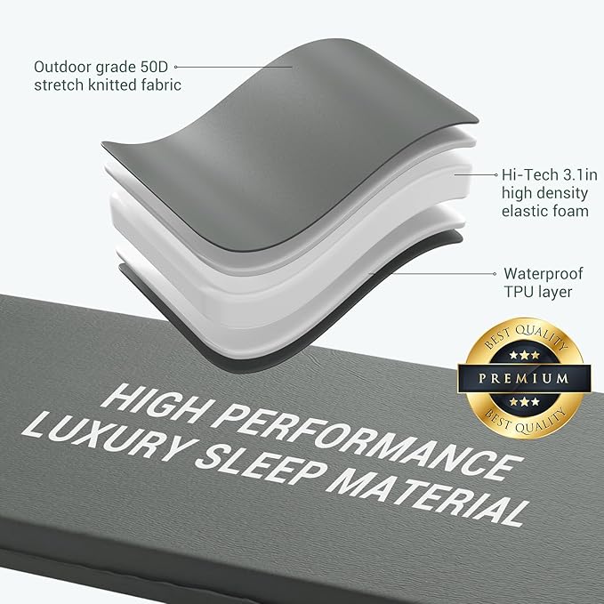 Elegear Self Inflating Sleeping Pad, 3.1" Ultra-Thick Memory Foam Camping Pad with Pillow Fast Inflating in 20s Insulated Camping Mattress Pad 4-Season Camp Sleeping Mat for Camping/Travel/Car/Tent