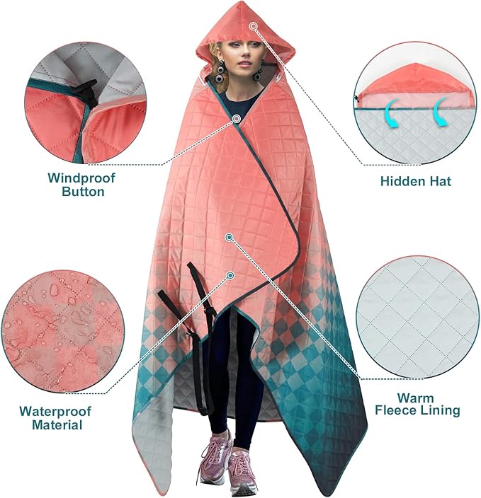 PY SUPER MODE Hooded Outdoor Blanket, Extra Large 82"x 55" Camping Blanket, Quilted, Thick Fleece, Warm, Windproof, Sand Proof, Portable and Wear-Resistant, Perfect for Stadium, Picnic, Camping…
