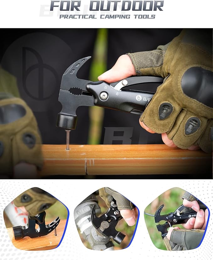 BIBURY Hammer Multitool Camping Tool, 12-in-1 Survival Gear Outdoor Multi Tool with Safety Lock, Cool Gadgets Survival EDC Multi-Tool for Outdoor, Camping, Hiking, Survival