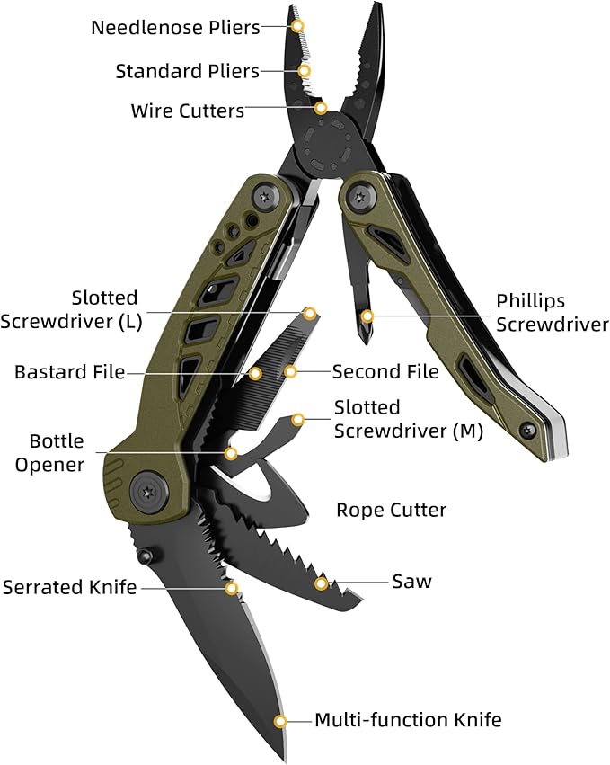 Pohaku Multitool Knife, 13 in 1 Pocket Multitool, Multi Tool with 3" Large Blade, Safety Locking Design, Spring-Action Plier, Durable Nylon Sheath for Outdoor, Camping, Fishing, Survival (Green)