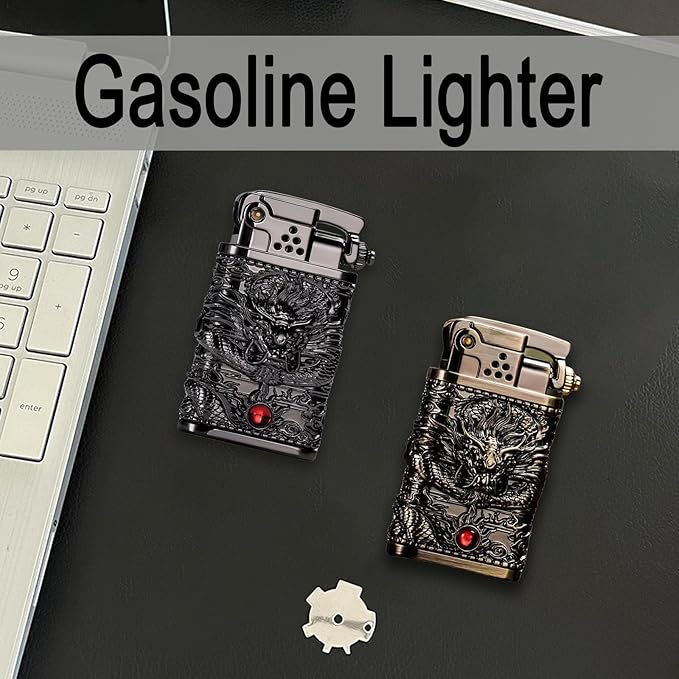 Cool Embossed Design Kerosene Wheel Lighter Refillable Eco-Friendly, Vintage Dazzling & Ultra-Cool, Unique for Men Candles Gift Camping BBQ (No Kerosene) (5#)