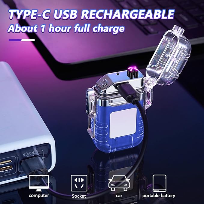BABOBIU Electric Lighter Plasma Lighter Portable Windproof Lighter Waterproof Flameless USB Rechargeable Lighter Candle Lighter with Type-C Fast Charging for Camping, Hiking, Adventure (Blue)