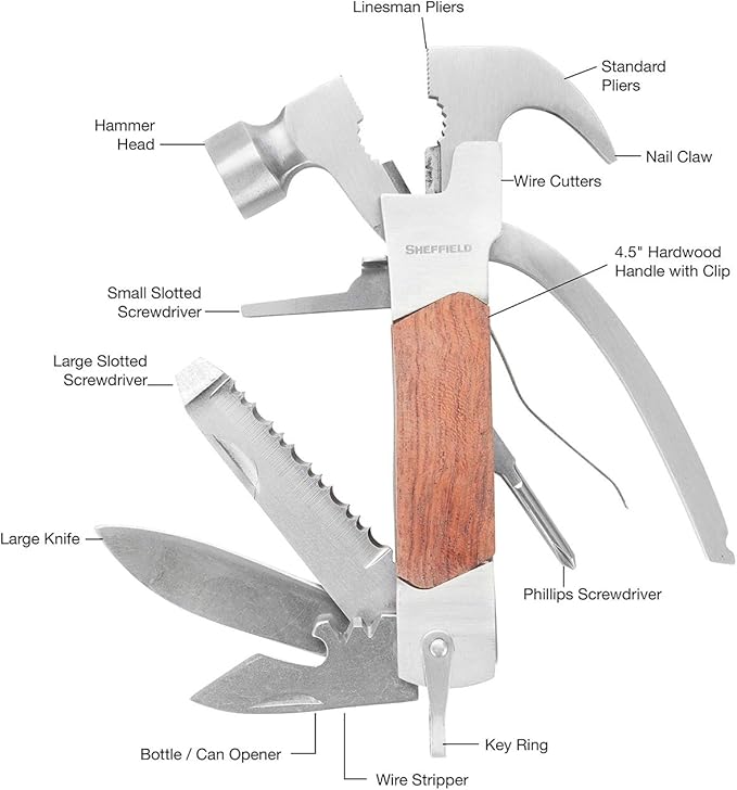 Sheffield 12913 Premium 14-in-1 Hammer Multi Tool, Multipurpose Tool for the Home, Camping Equipment, and Work, Hammer, Pliers, Survival Knife, & More