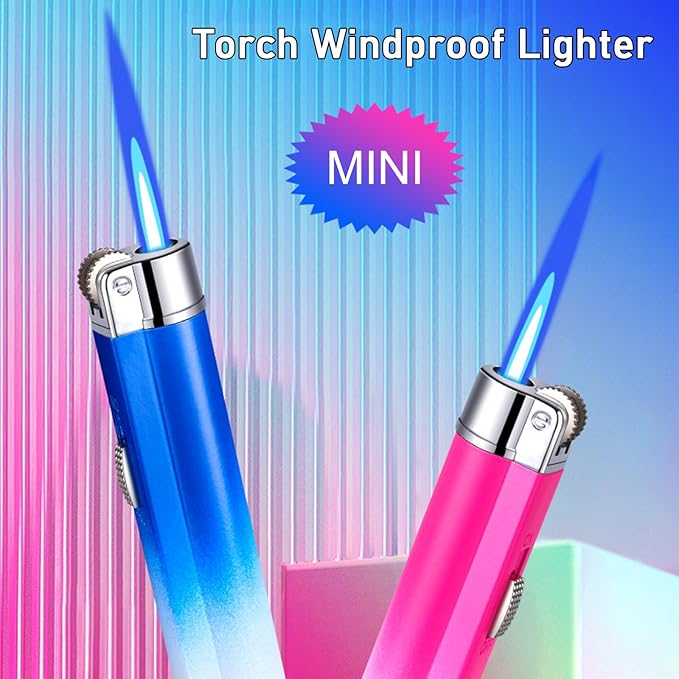 Torch Lighter, 2Pcs Mini Butane Refillable Gas Lighter with Lockable Function, Portable Adjustable Jet Flame Windproof Lighter for Kitchen, Indoor, Outdoor, Grill, Camping(Without Butane)-Red