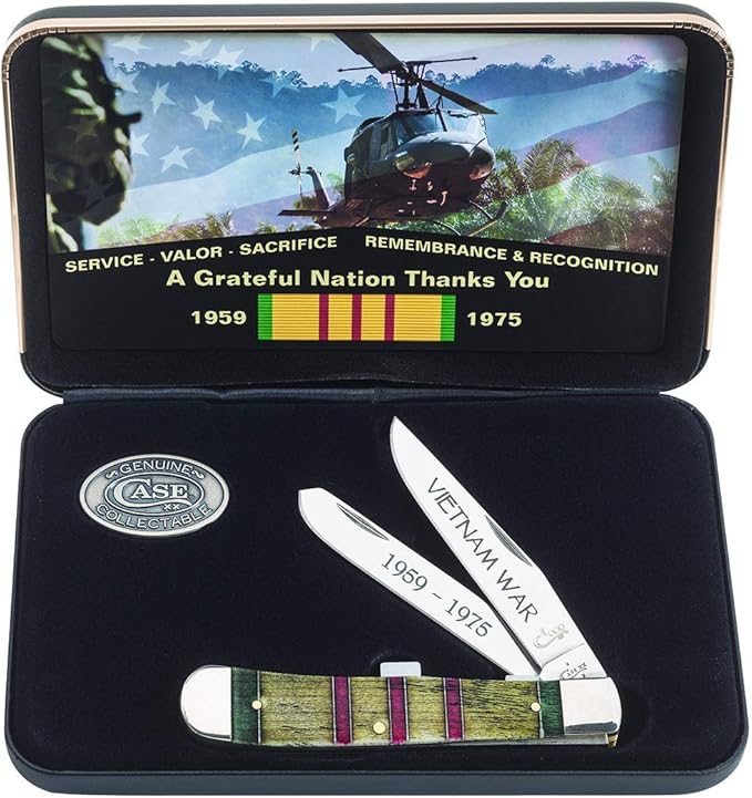 Case WR XX Pocket Knife Vietnam War Trapper Gift Set - Natural Bone W/Grn/Yellow/Red Item #22040 - (6254 SS) - Length Closed: 4 1/8 Inches