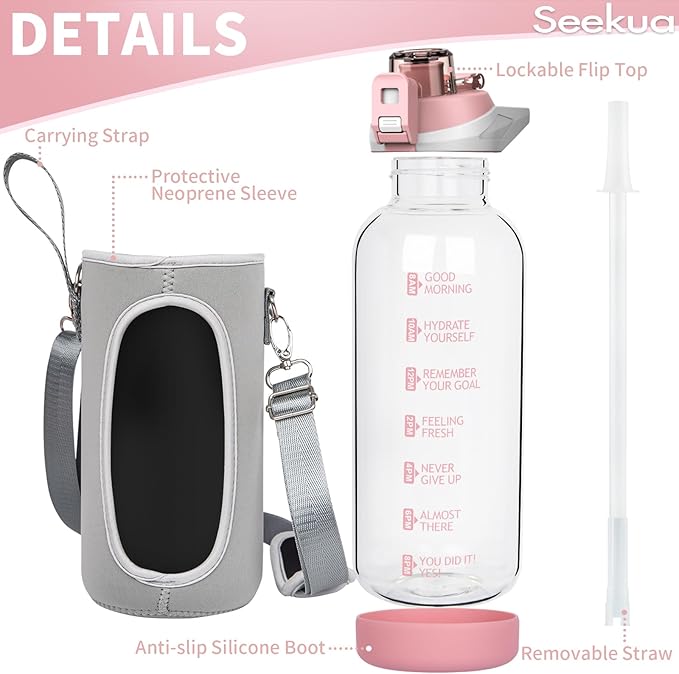 64 oz Large Sports Glass Water Bottle with Straw & Time Marker, Motivational Half Gallon Daily Glass Drinking Bottle with Strap for Fruit Infused Water, Smoothie, Coffee