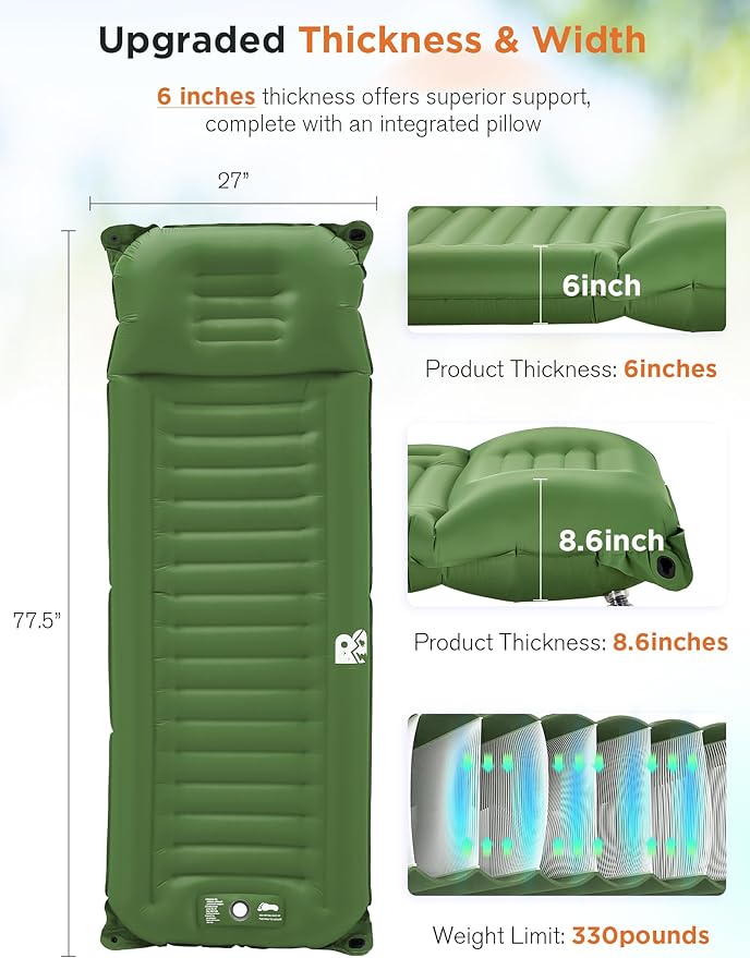 Sleeping Pad for Camping 6 Inches Thick Self Inflatable Ultra Lightweight Sleep Mat with Built-in Pillow & Pump Compact for Backpacking Hiking Tent Travel w/Carrying Bag 77.5''LX27''W, Green