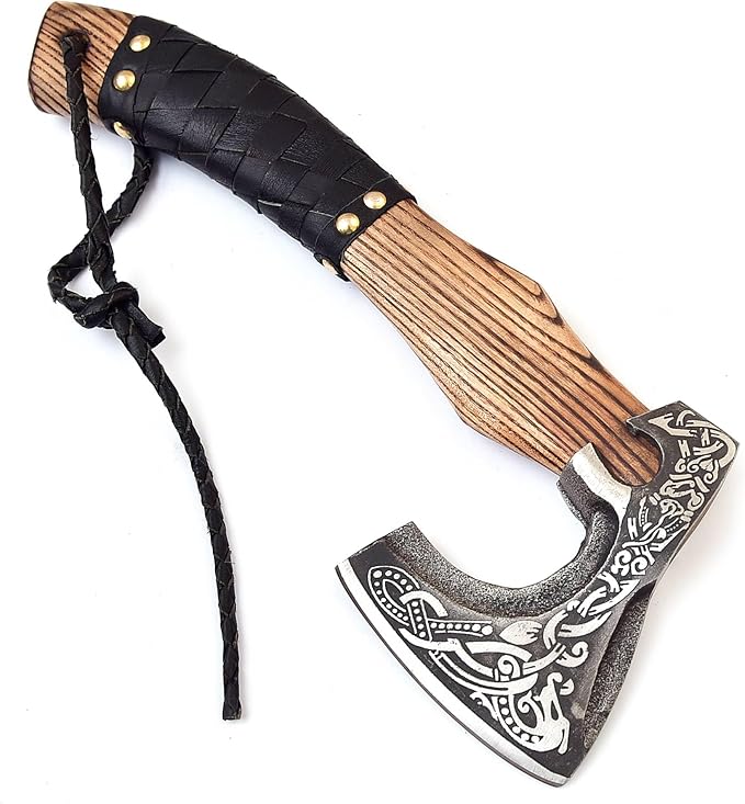 H&A CRAFTS® Viking Axe The Ragnar Lothbrok Real, and Custom Crafted with Leather Sheath Carbon Steel Camping Hatchet Personalized Gifts for Men (Jormungandr Viking Axe)