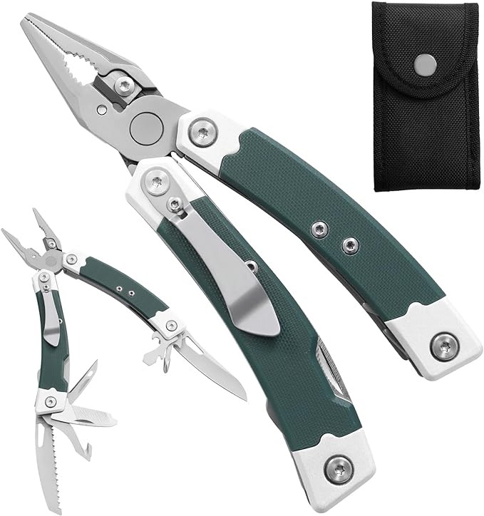 G10 Handle Multitool Pliers with YG10 Tungsten Steel Replaceable Wire Cutters 12 in 1 Multi Tool Pocket Knife with Safety Lock,Saw,Bottel Opener for Camping,Survival with Nylon Sheath (green)