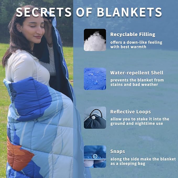 zzlamb Camping Blanket, Lightweight Cloak Puffy Down Alternative Travel Blanket, Portable & Windproof Warm Outdoor Blanket, Cozy Quilt Plane Car Picnic Hammock Beach Backpacking, 52x75in