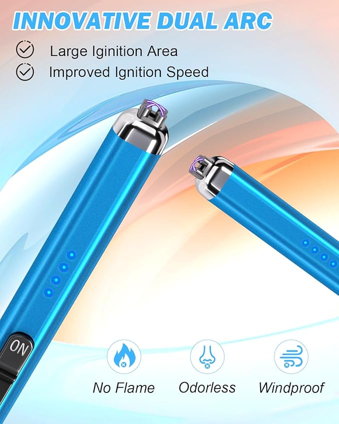 Electric Candle Lighter Rechargeable Lighters - Dual Arc Plasma Lighter Windproof & Flameless with Double Safety Switch (Sapphire Blue)