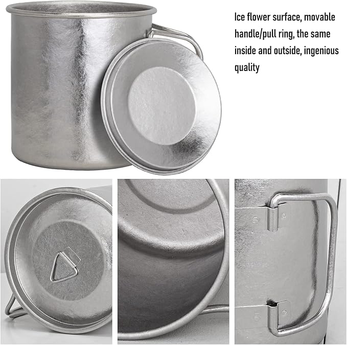 TiTo Titanium Cup Titanium Pot with Lid Ultralight Portable 450ml Foldable Handle Camping Tea Coffee Water Mug for Outdoor Backpacking Hiking Picnic Drinkware with Mesh Sack (Green)