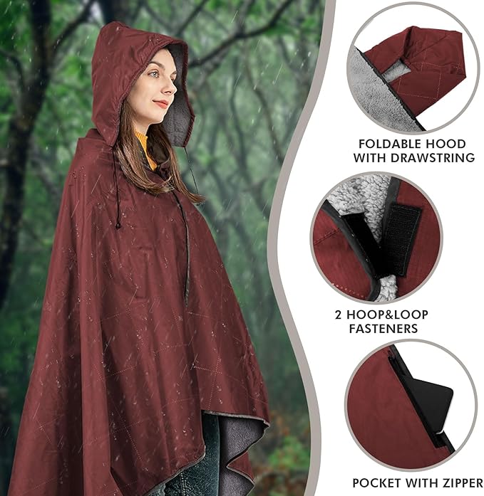 DUKUSEEK Outdoors Waterproof Throw Blanket with Hood, 79”x 59” Sherpa Fleece Stadium Windproof Blankets for Boat, Traveling, Camping, Football, Dogs, Outdoor Sporting Events-Machine Washable