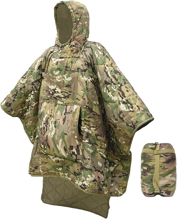 Poncho Liner Hoodie with Pocket Insulated Military Woobie Sleeping Bag Waterproof for Outdoor Camping Travel Survival Hunting Car Emergency