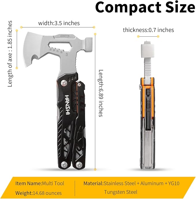 Camping Axe Multitool with YG10 Tungsten Steel Replaceable Wire Cutters for Gift,17 in 1 Multi Tool with Spring-Action Pliers,Knife,Screwdriver,Flint Rob,Safty Whistle with Nylon Sheath (Black)