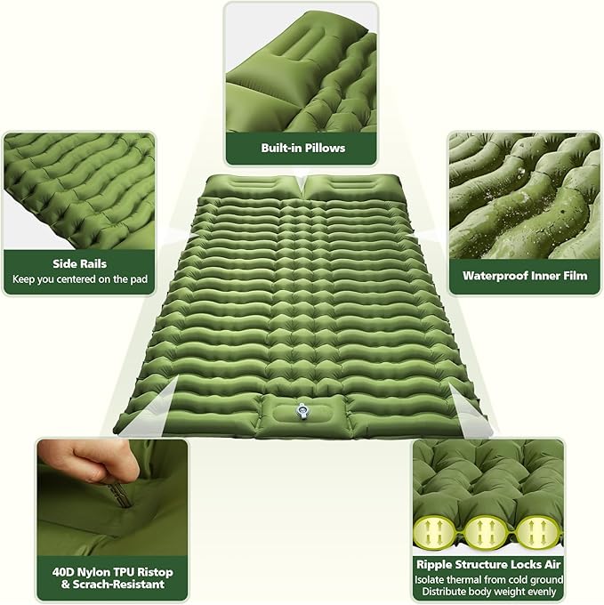 Double Camping Sleeping Pad with Built-in Foot Pump and Pillows Thick Inflatable 2 Person Portable Camping Mat for Hiking Backpacking Tent